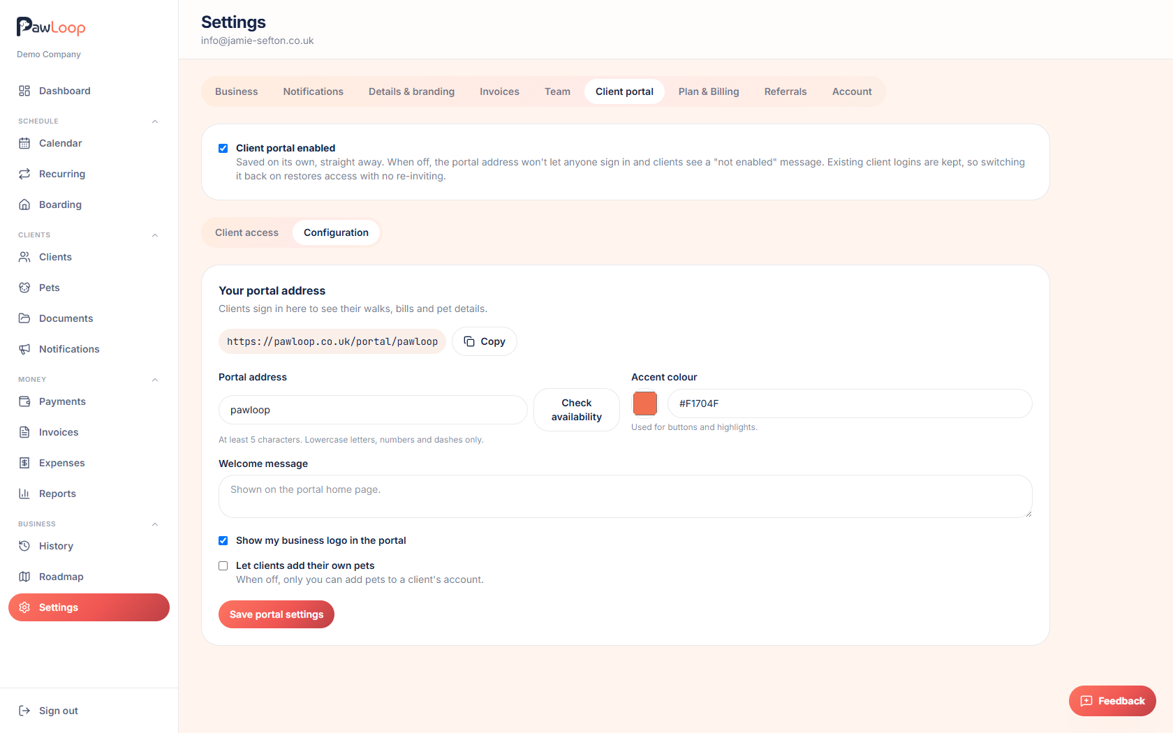 PawLoop client portal settings showing the portal address, accent colour, welcome message, business logo option and pet-adding permission