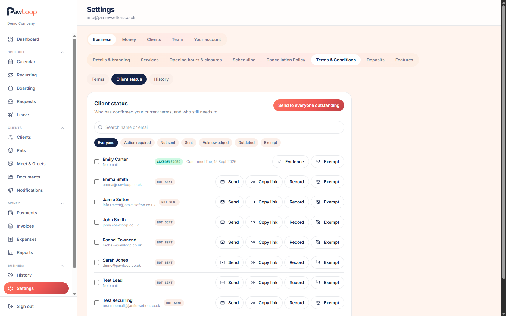 The client status list showing agreed, not sent and exempt clients