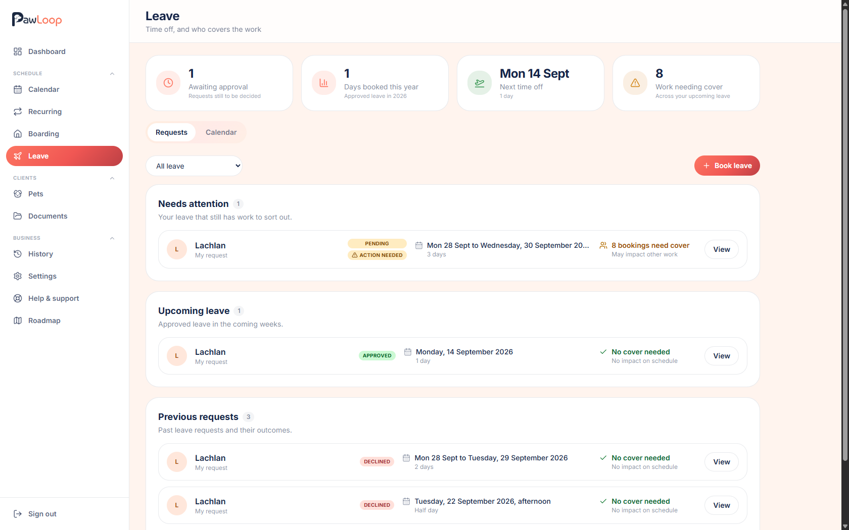 A team member's PawLoop leave page showing their requests, upcoming leave and cover needed