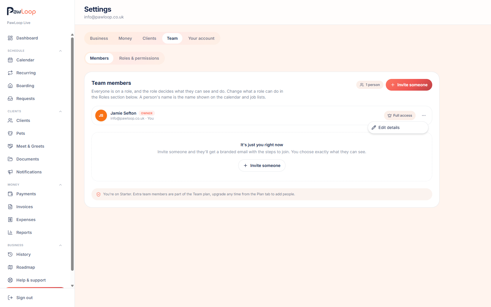 PawLoop Team members settings showing the Edit details option