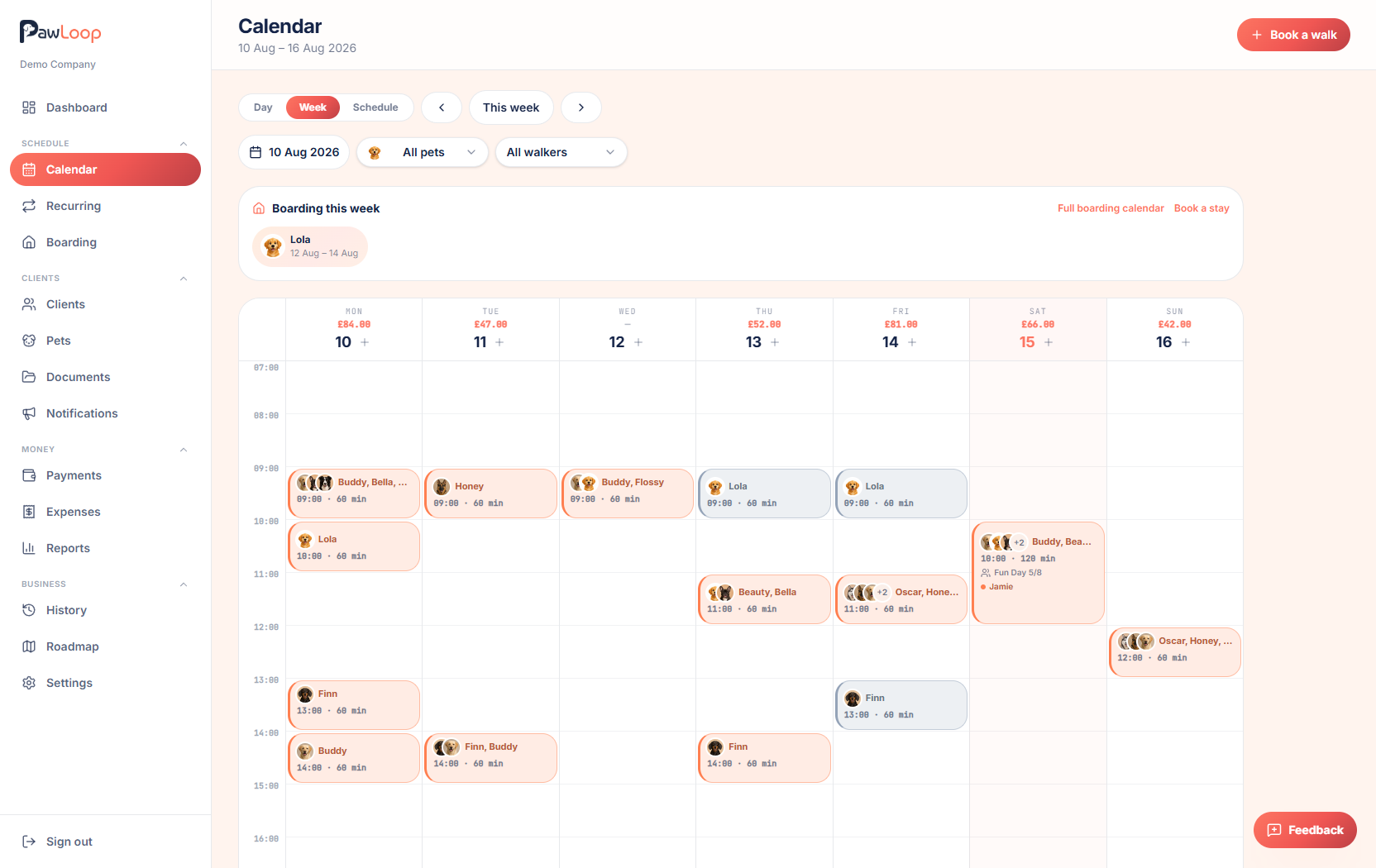 The PawLoop calendar showing a week of walks laid out by time.