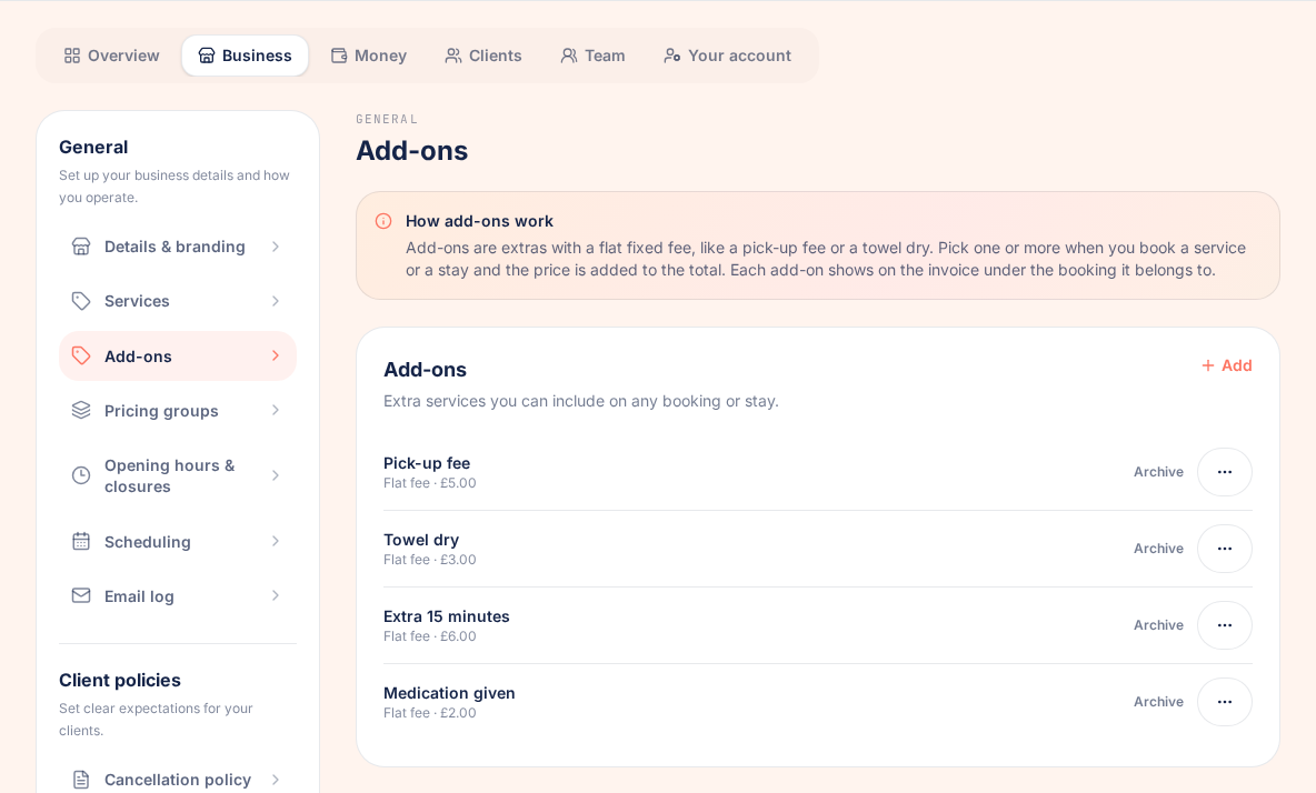 The Add-ons settings page listing four add-ons with their prices