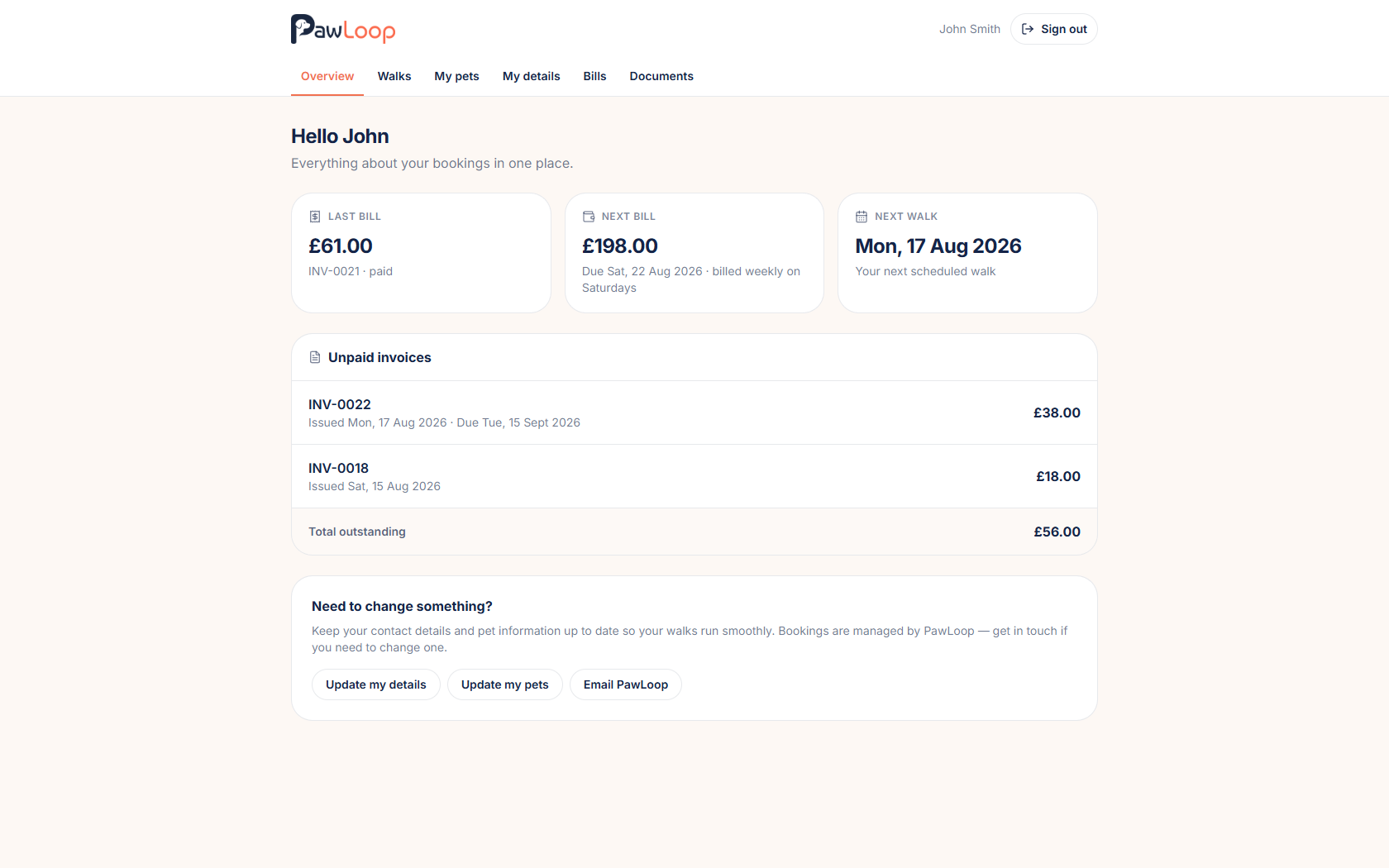 PawLoop client portal overview showing a client's last bill, next bill, next walk and unpaid invoices