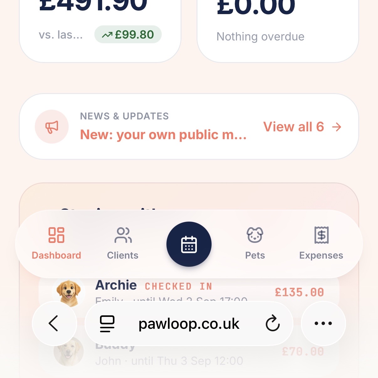 PawLoop dashboard open in Safari on an iPhone with the pawloop.co.uk address bar at the bottom