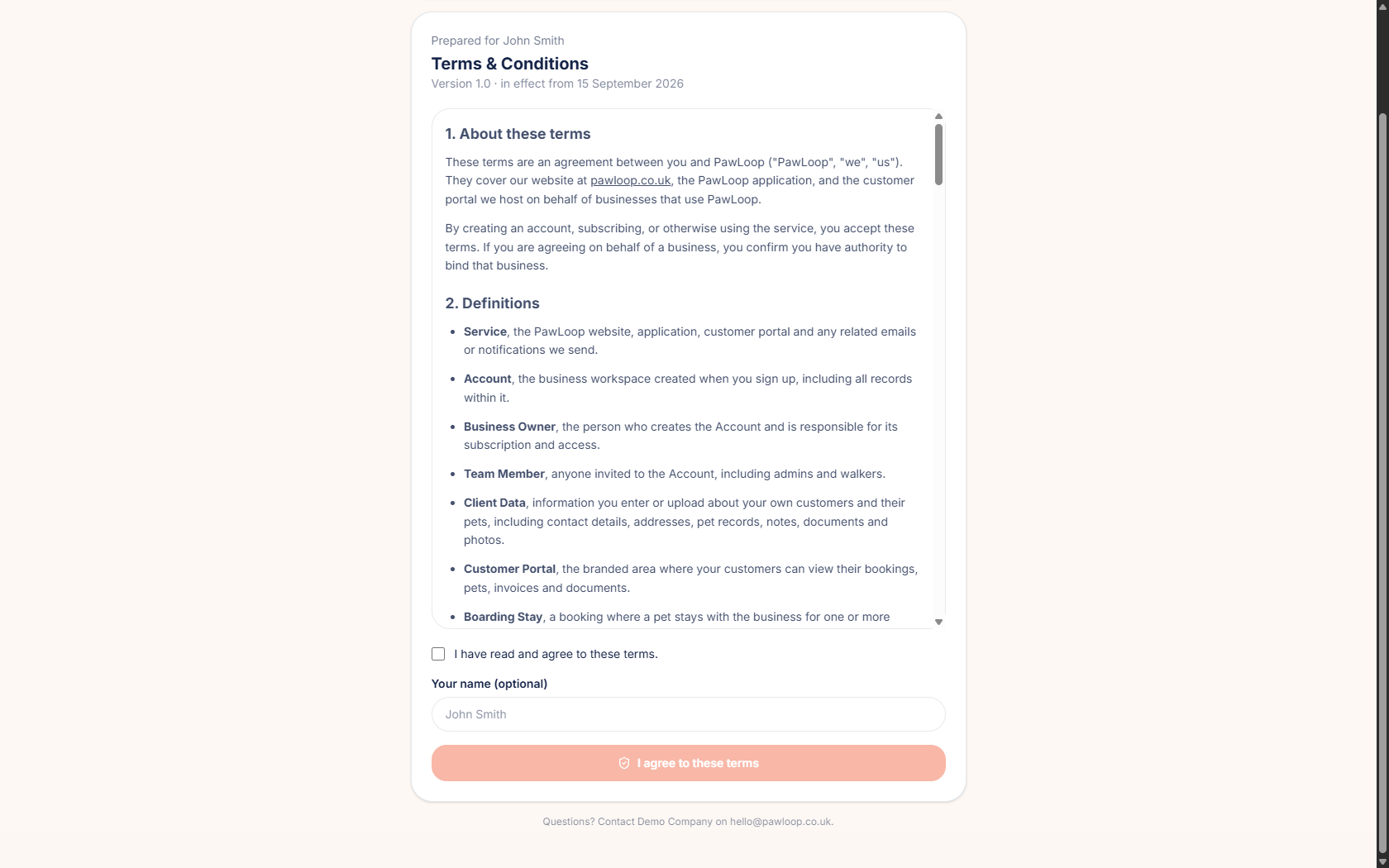 The shared terms page with the terms, a tick box, a name field and an agree button