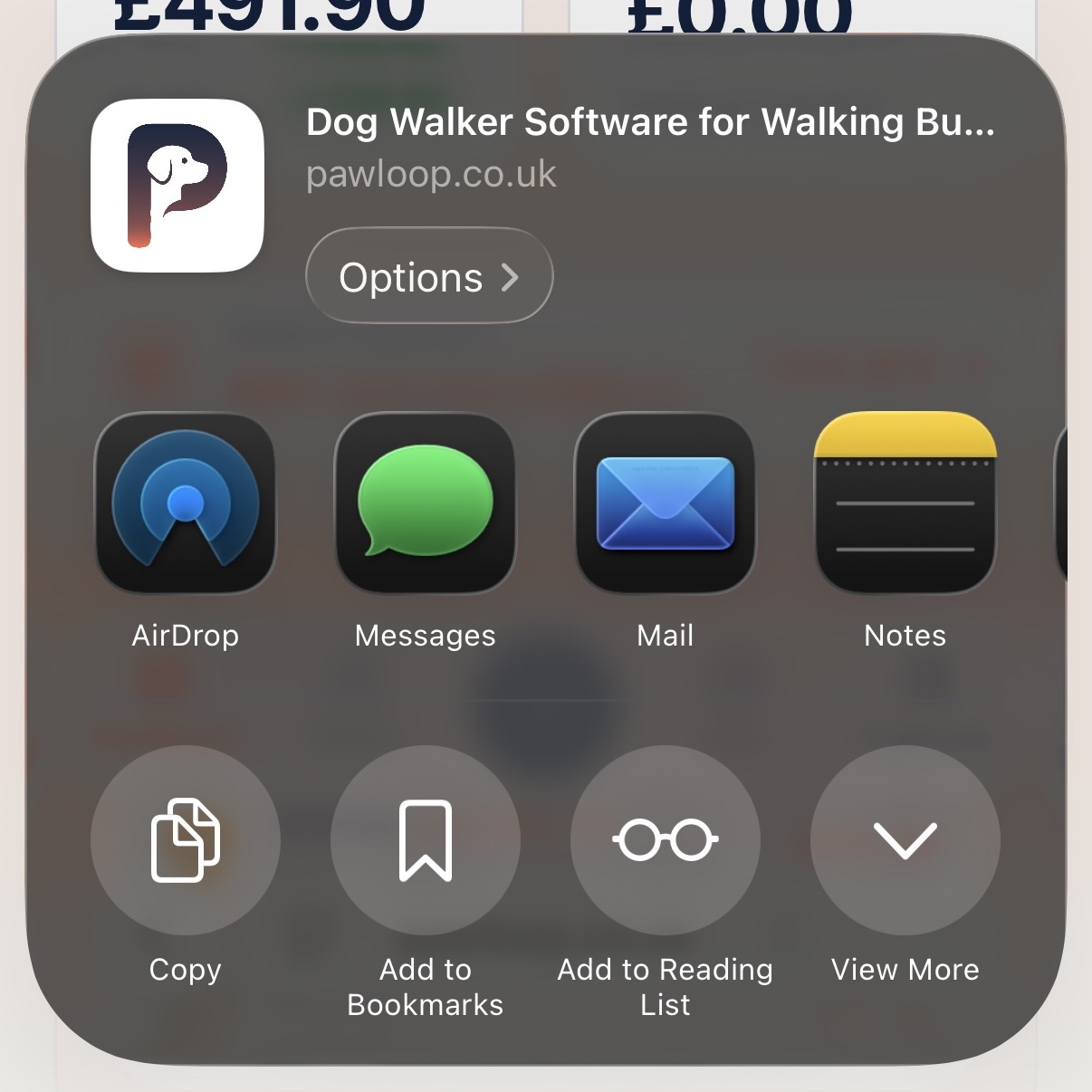 The iPhone share sheet showing the PawLoop icon and the pawloop.co.uk address