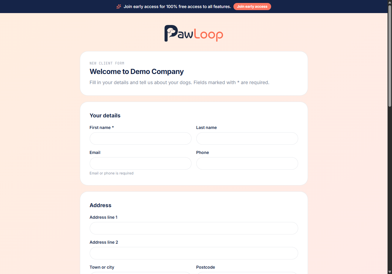 The public onboarding form a client sees, branded with the business name, asking for their details and address