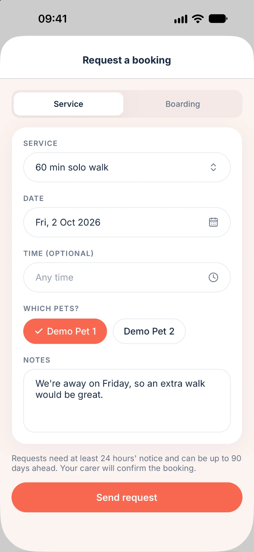 The PawLoop Clients request a booking screen with service, date, time, pets and notes.