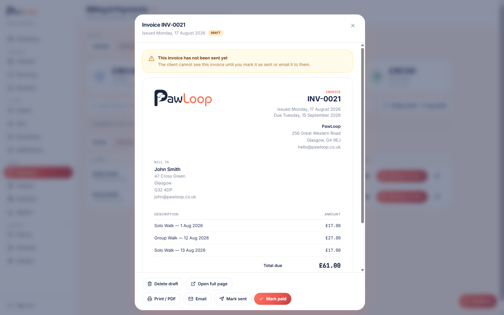 Invoices page in PawLoop