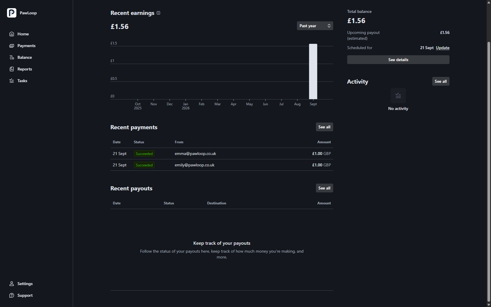 The portal home screen with recent earnings, balance, upcoming payout and recent payments