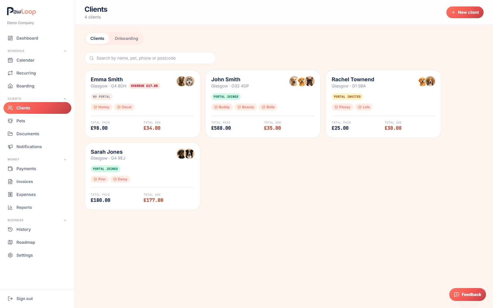The clients list in PawLoop
