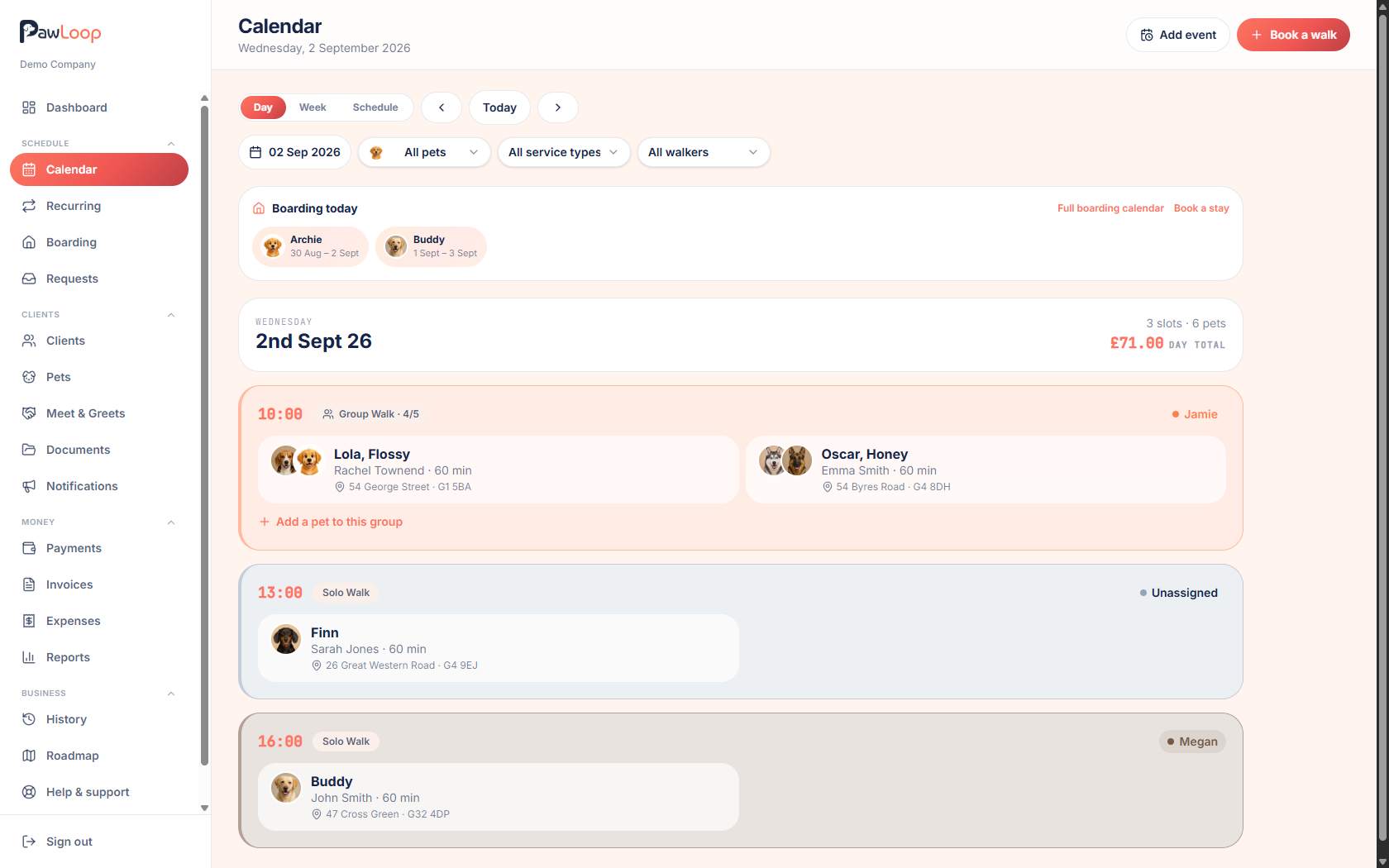 PawLoop calendar in day view showing a time grid of colour-coded walks with clients, pets and assigned walkers