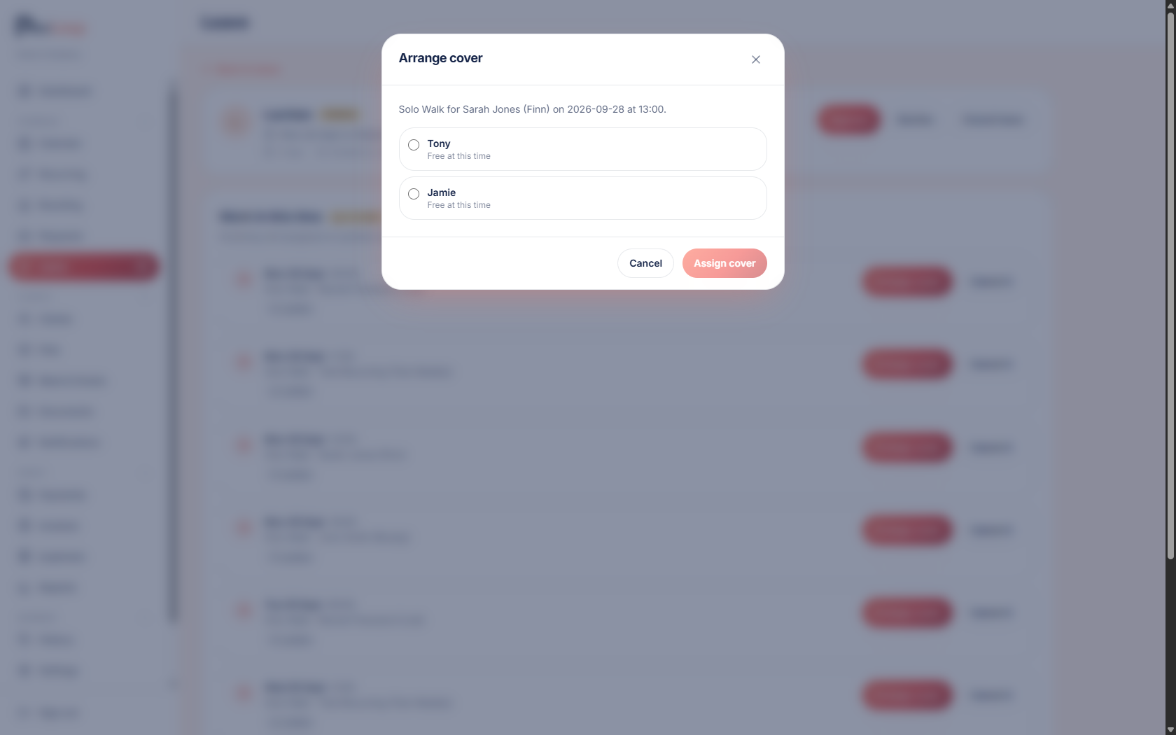 The PawLoop Arrange cover window showing available team members for an affected walk