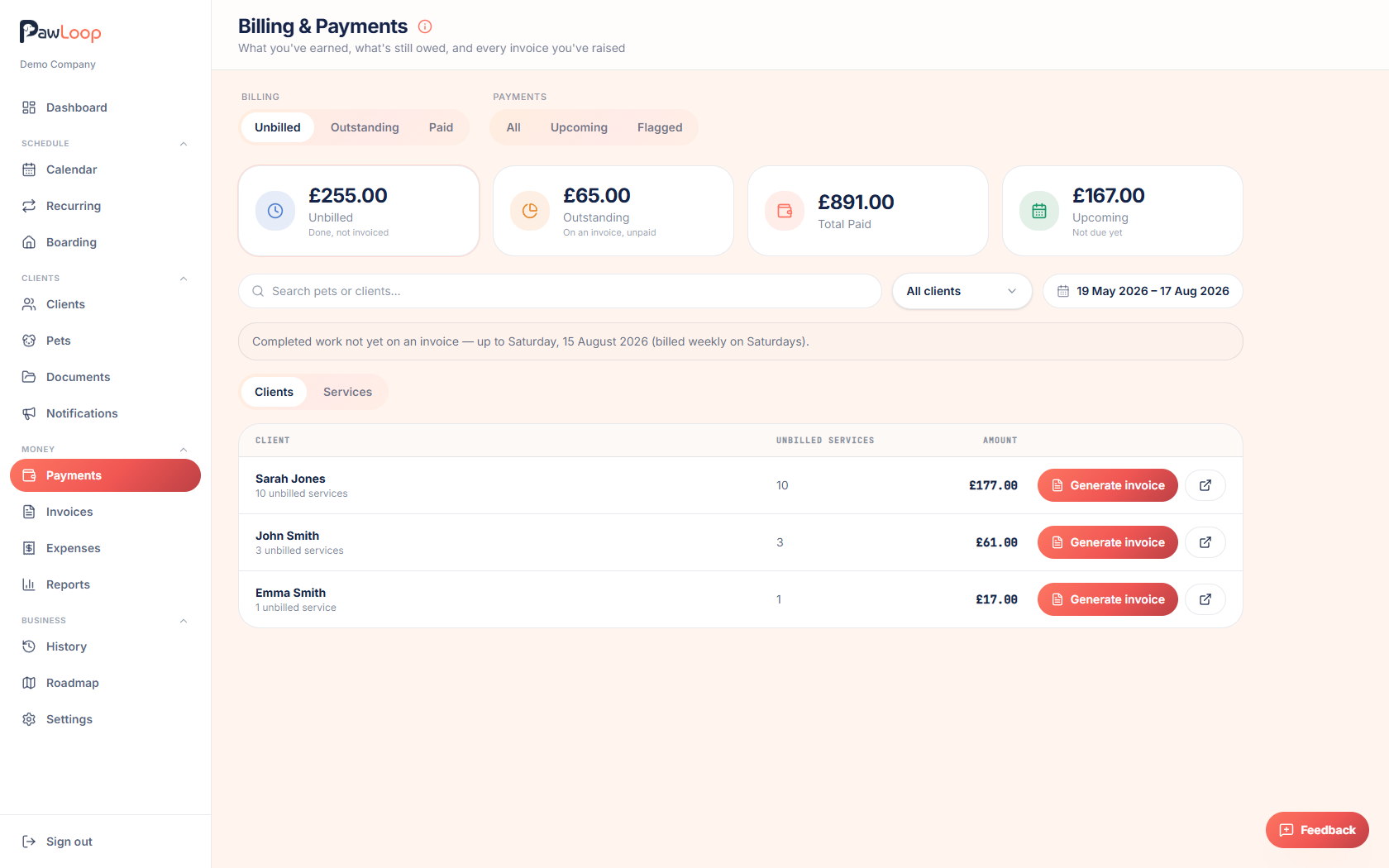 PawLoop billing screen listing completed work ready to be invoiced