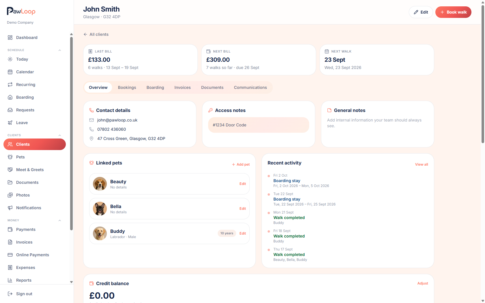A PawLoop pet profile showing breed, owner and care notes.