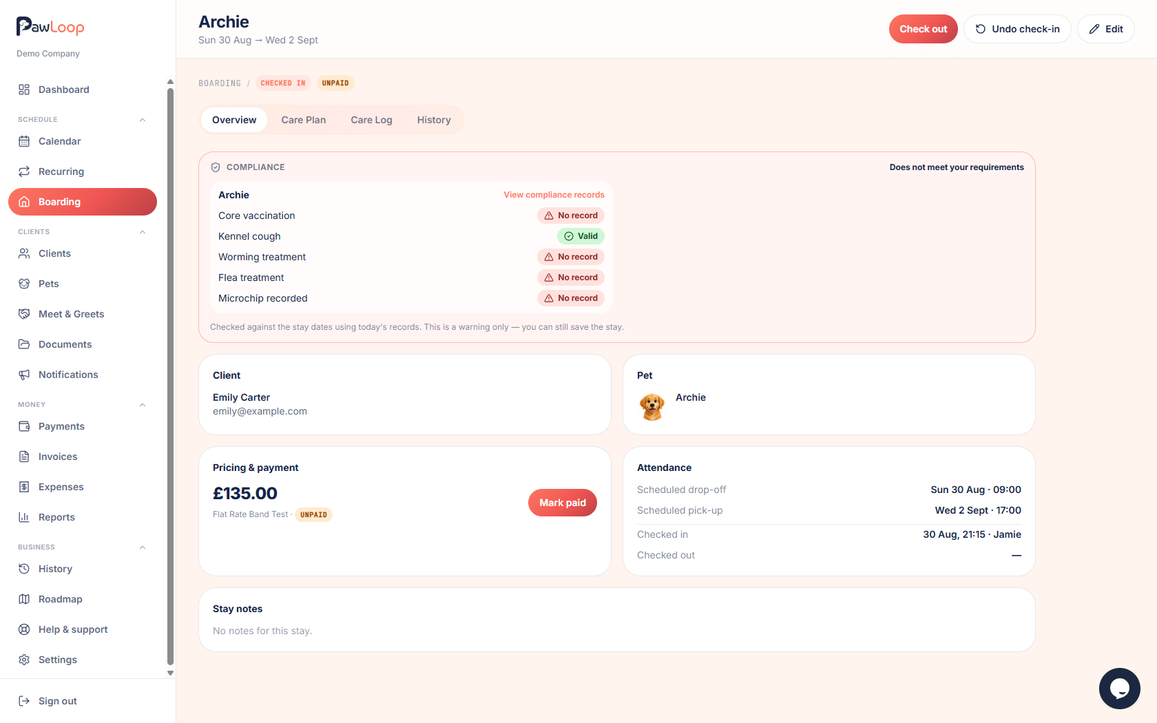 PawLoop boarding stay page showing a compliance panel with per-requirement statuses for the stay dates