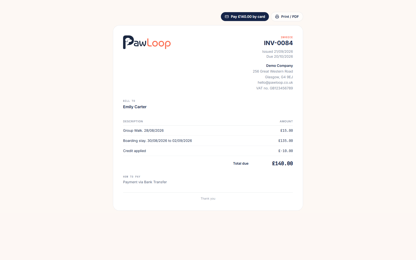 A PawLoop invoice with a Pay by card button