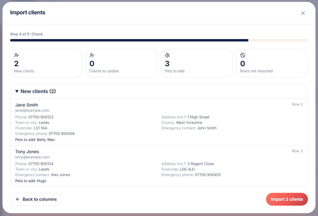 The PawLoop import preview of clients and pets to create and update