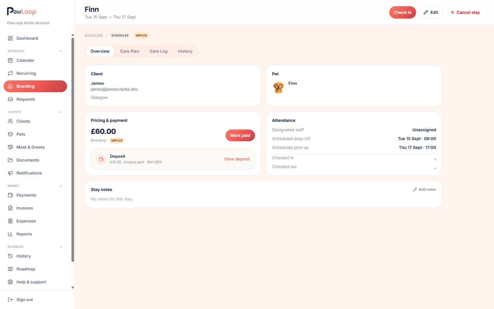 A PawLoop boarding stay showing the deposit and its invoice status
