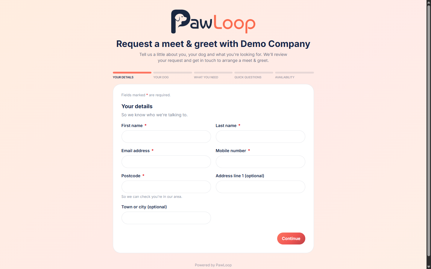 The public PawLoop meet and greet request page showing the business branding and the enquiry form