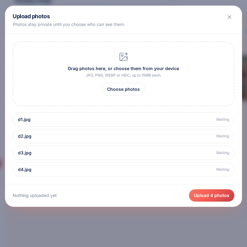 The upload panel with four photos ready to upload