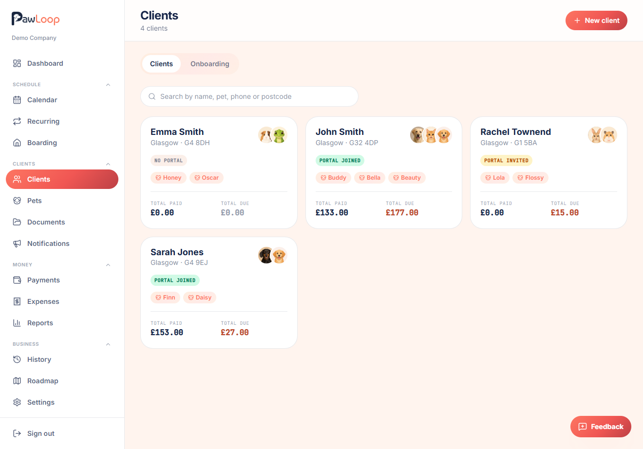 Client management screen in PawLoop showing client cards with their pets, postcode and portal status