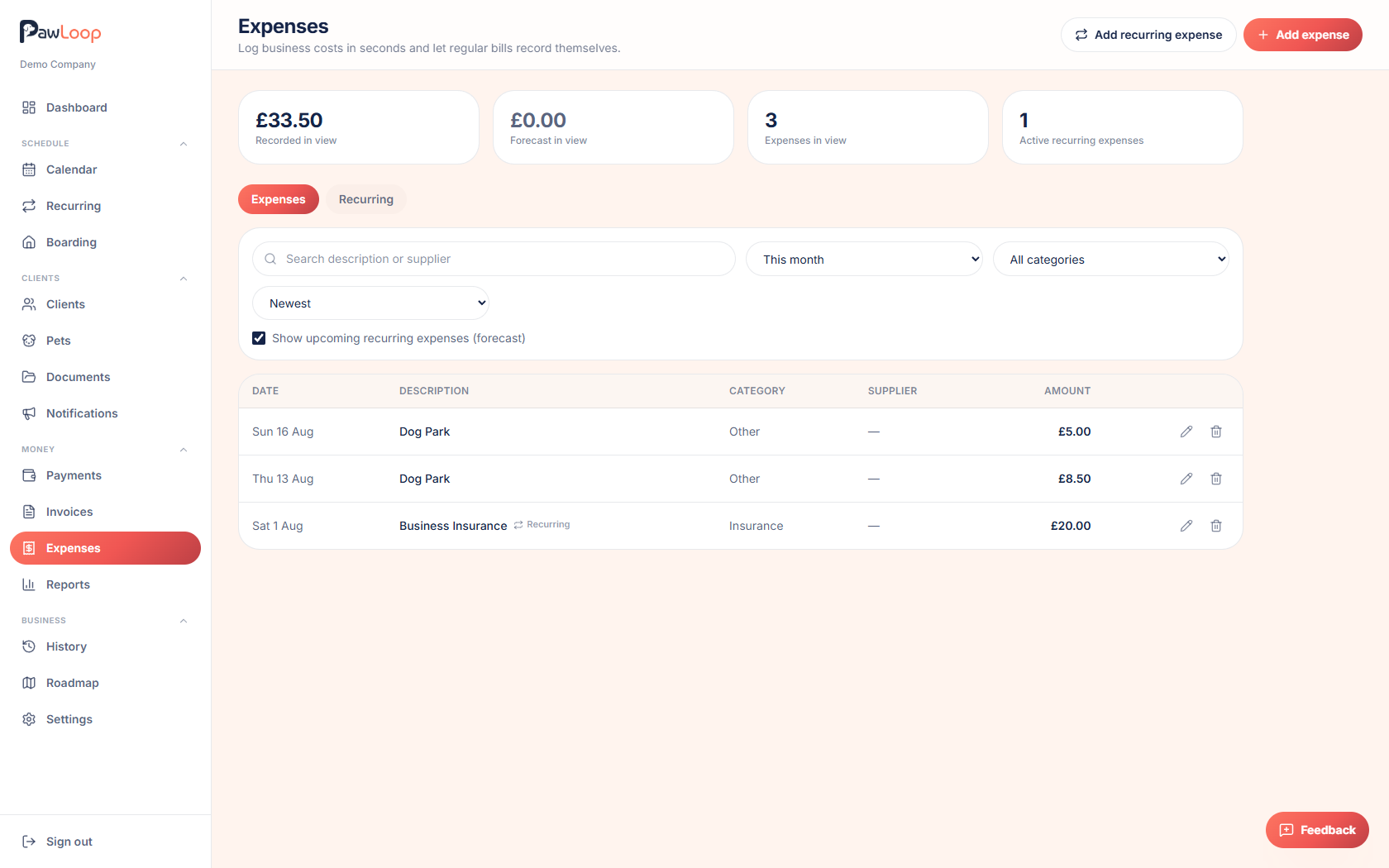 Expenses page in PawLoop