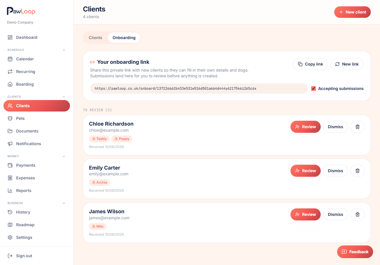 PawLoop onboarding tab showing a shareable client onboarding link and new submissions to review