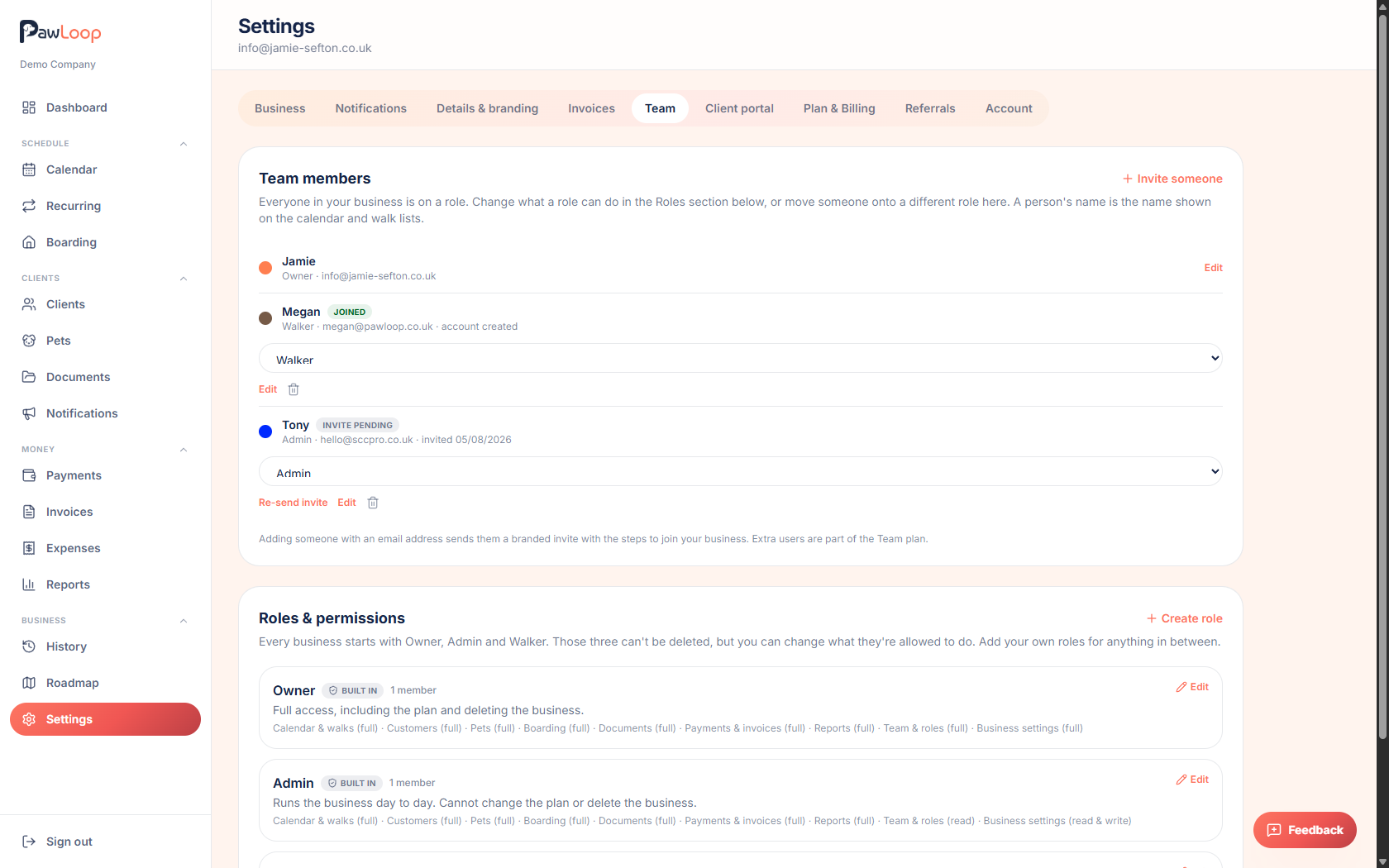 PawLoop team management settings showing team members and roles