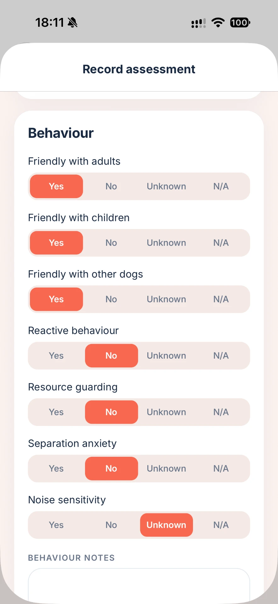 PawLoop Walkers assessment form for recording pet behaviour during a meet and greet.