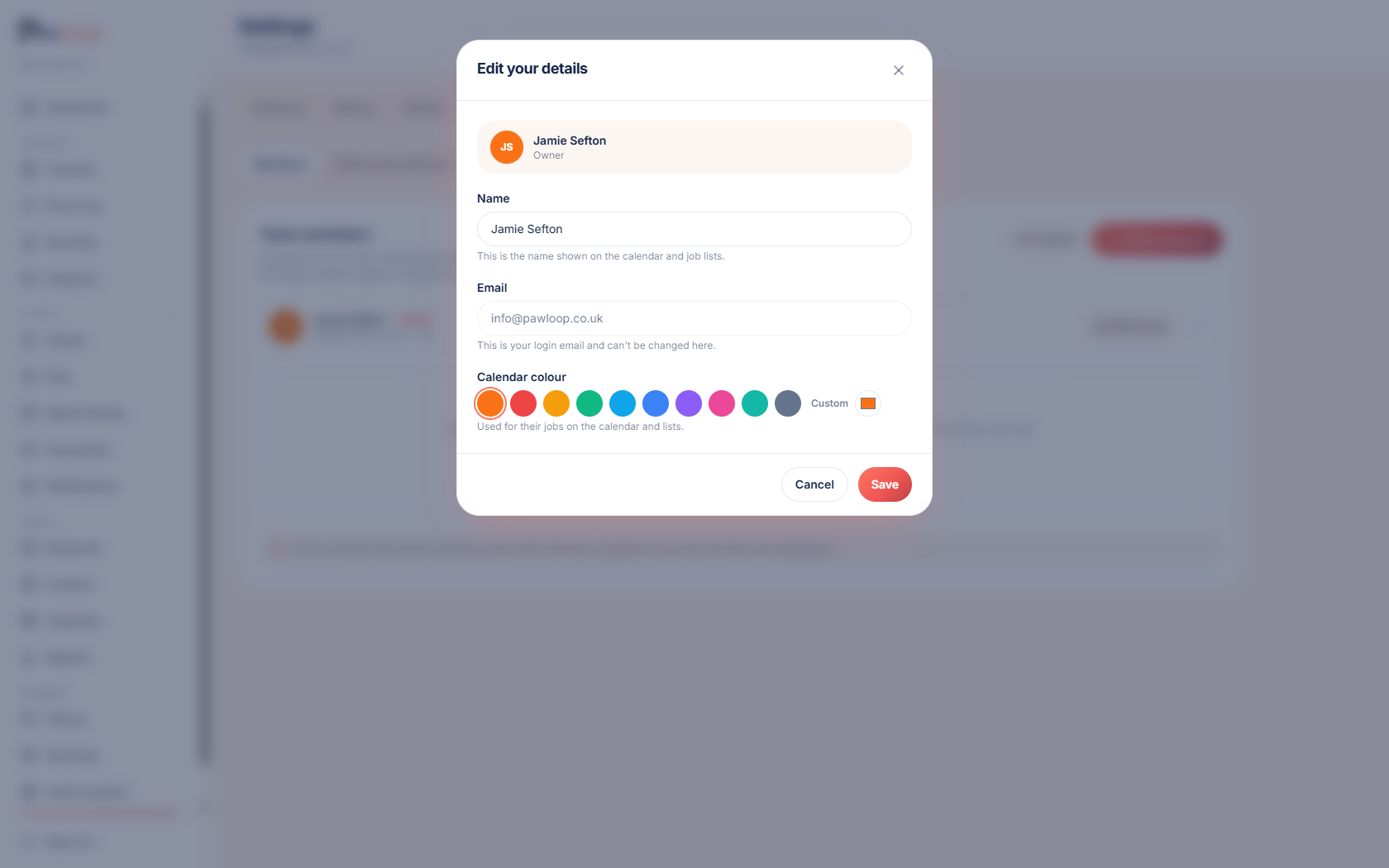 PawLoop Edit your details dialog showing the calendar colour picker