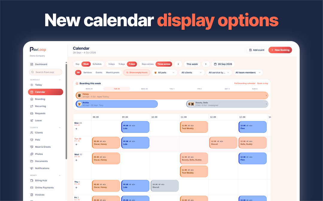 Days and Times display options in the PawLoop calendar