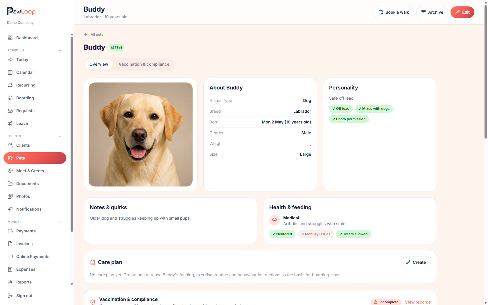 A pet profile in PawLoop