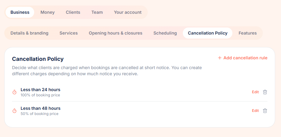 PawLoop cancellation policy settings showing two example rules