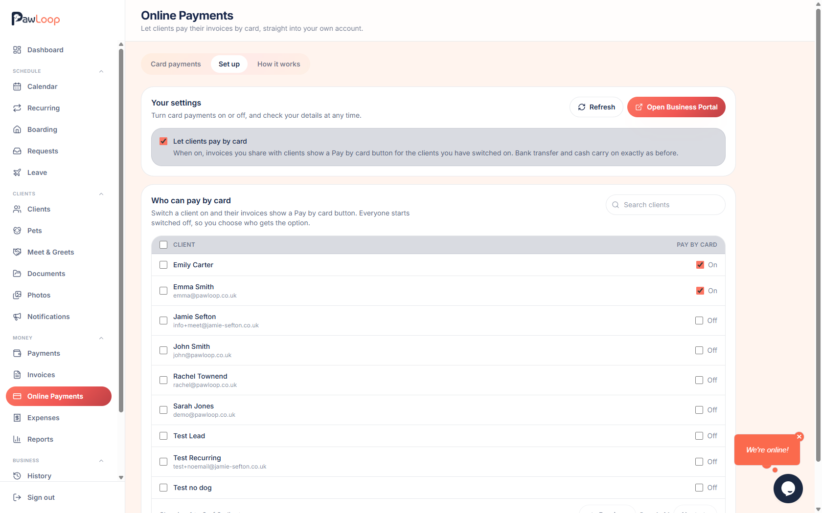 The PawLoop Online Payments set up tab with the card payments switch turned on