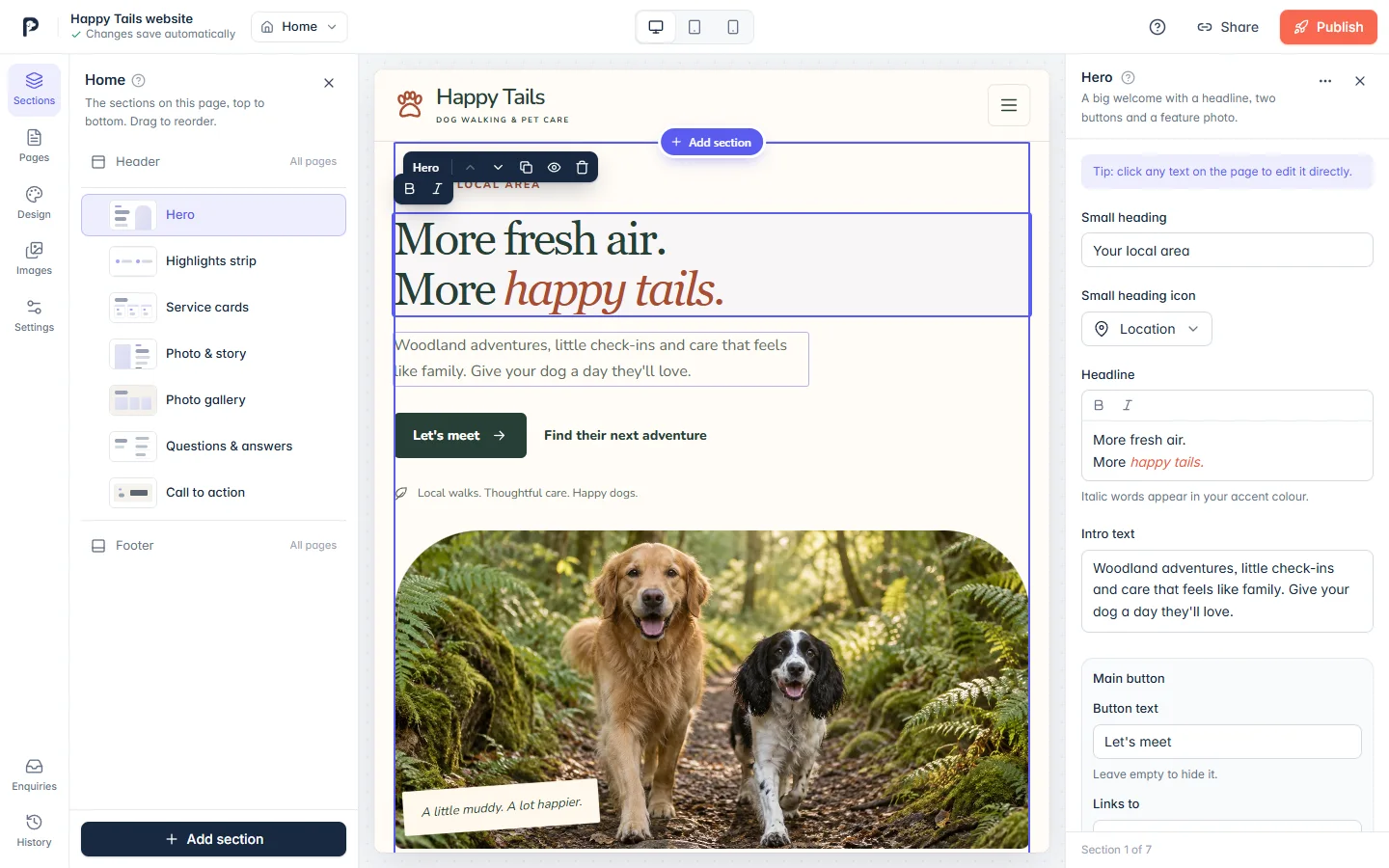 The PawLoop Website Builder editor with a pet business website open for editing