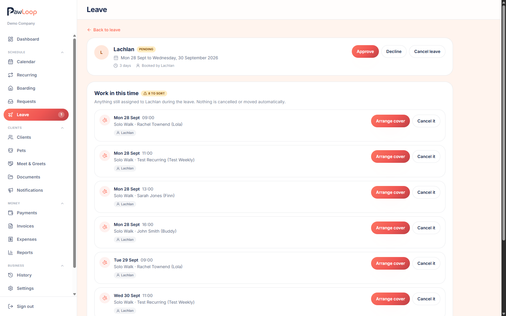 A pending PawLoop leave request showing affected bookings and approval actions