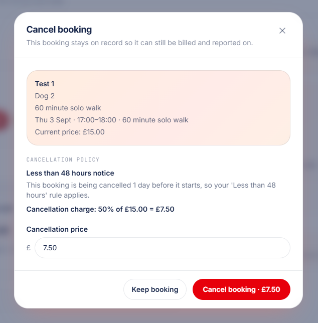 PawLoop cancel booking dialog showing the matched rule and calculated charge