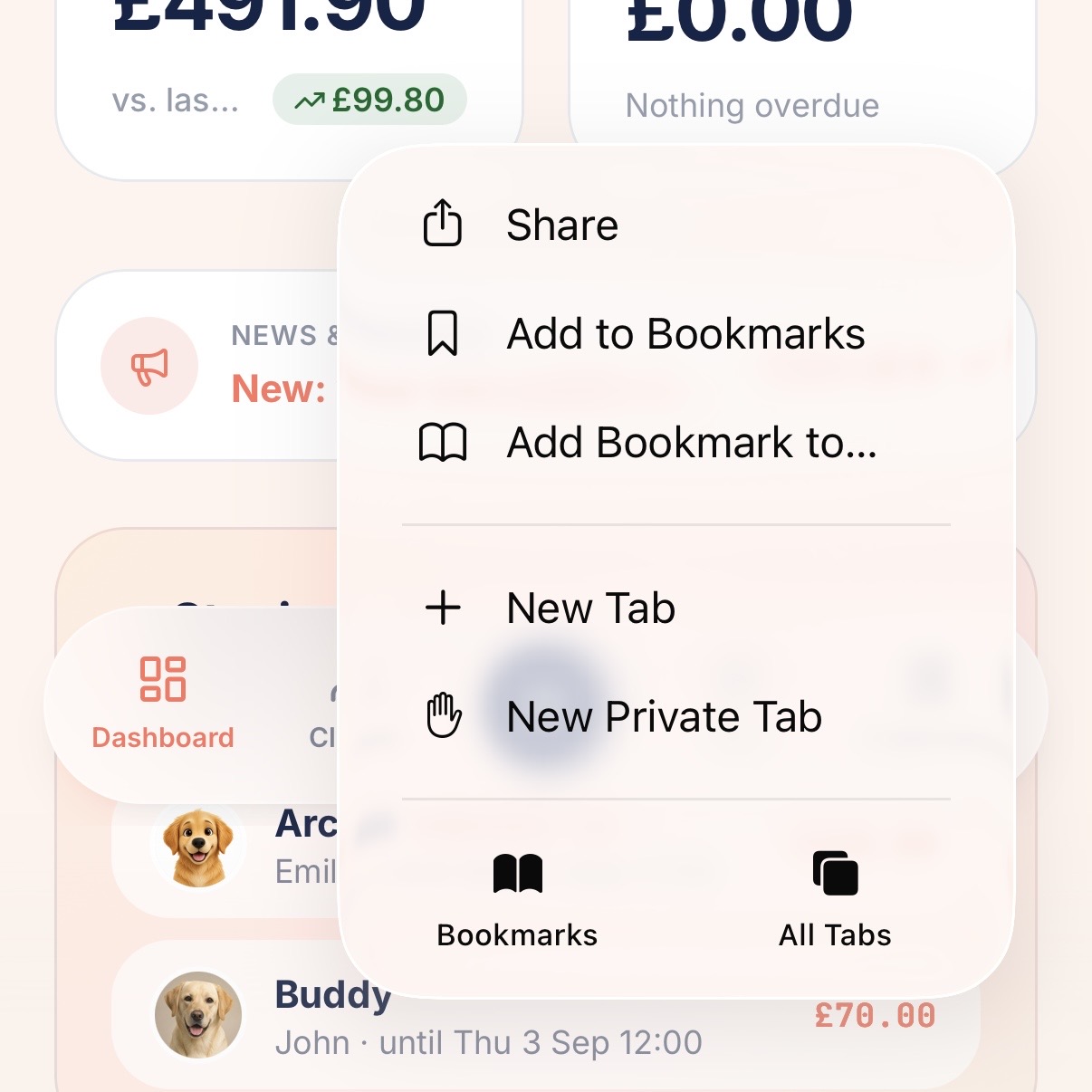 The Safari menu open showing Share, Add to Bookmarks and New Tab options
