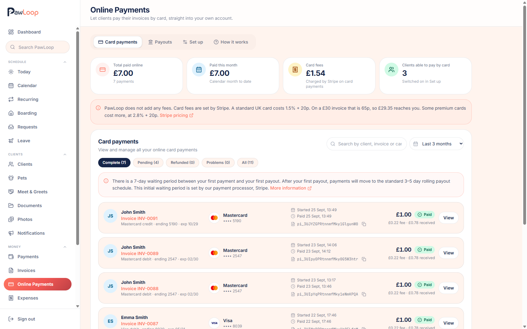 Card payment tracking in PawLoop