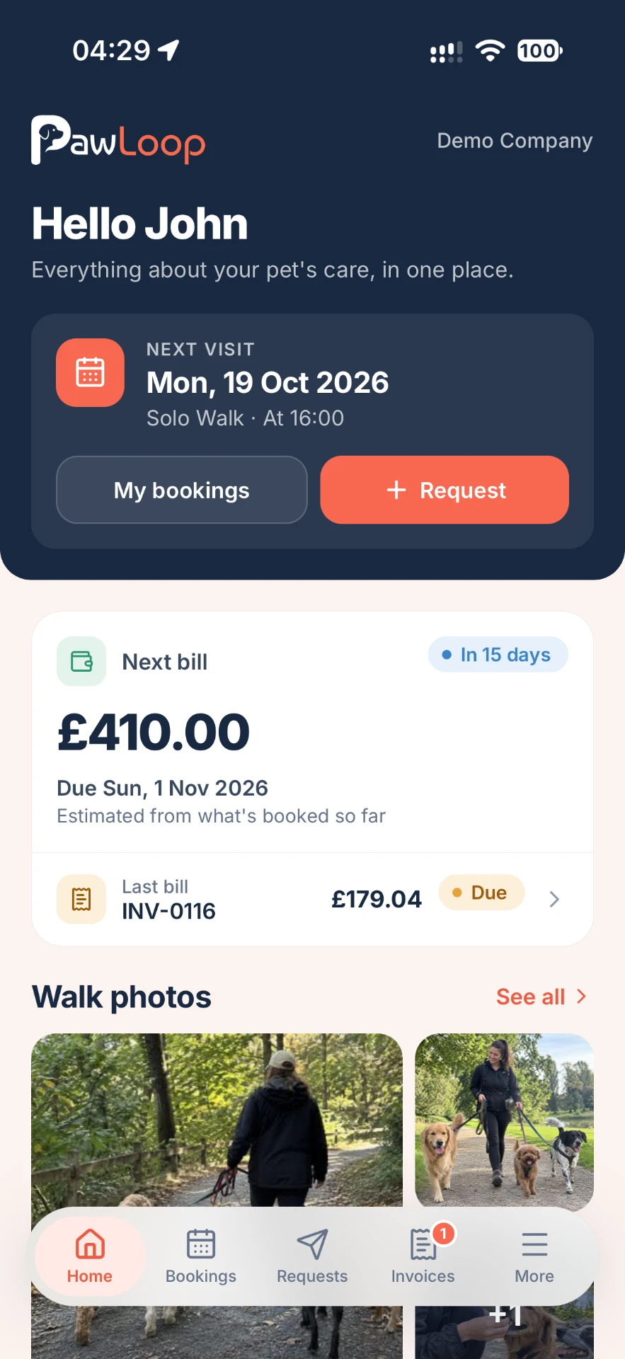 The PawLoop Clients home screen showing the next visit, the last and next bill and recent walk photos.