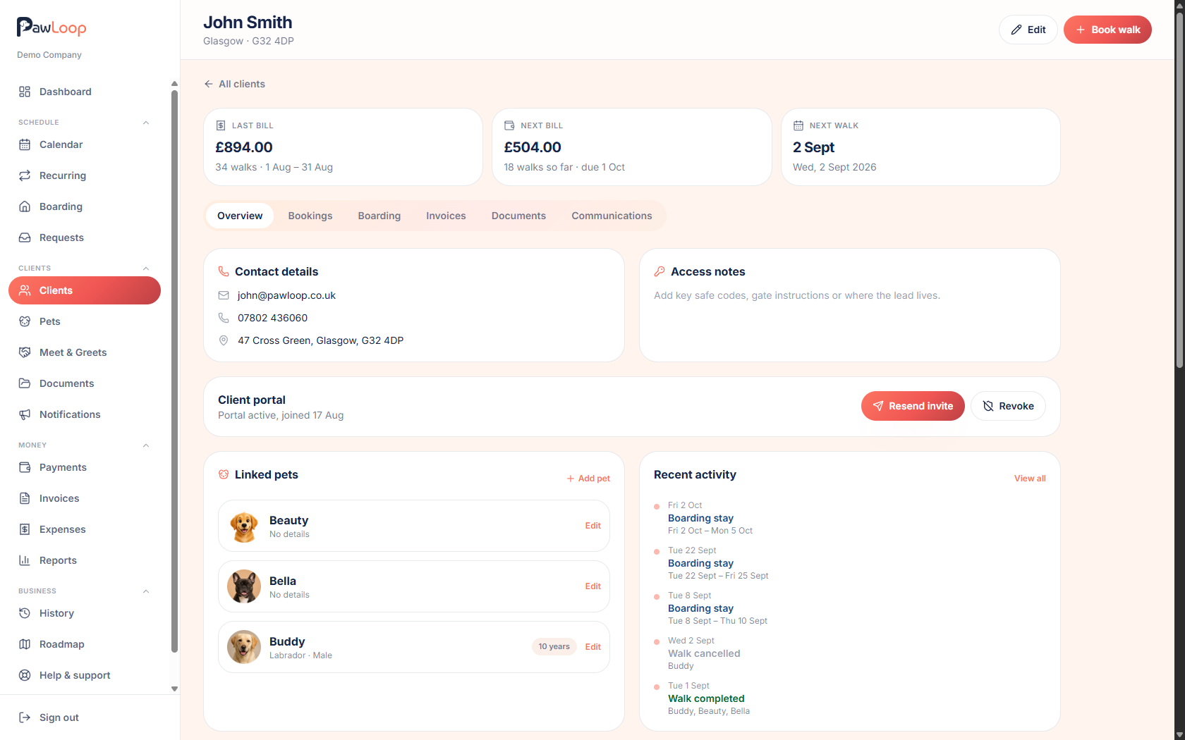 PawLoop client profile showing last bill, next bill and next walk totals, contact and access notes, linked pets and a recent activity feed