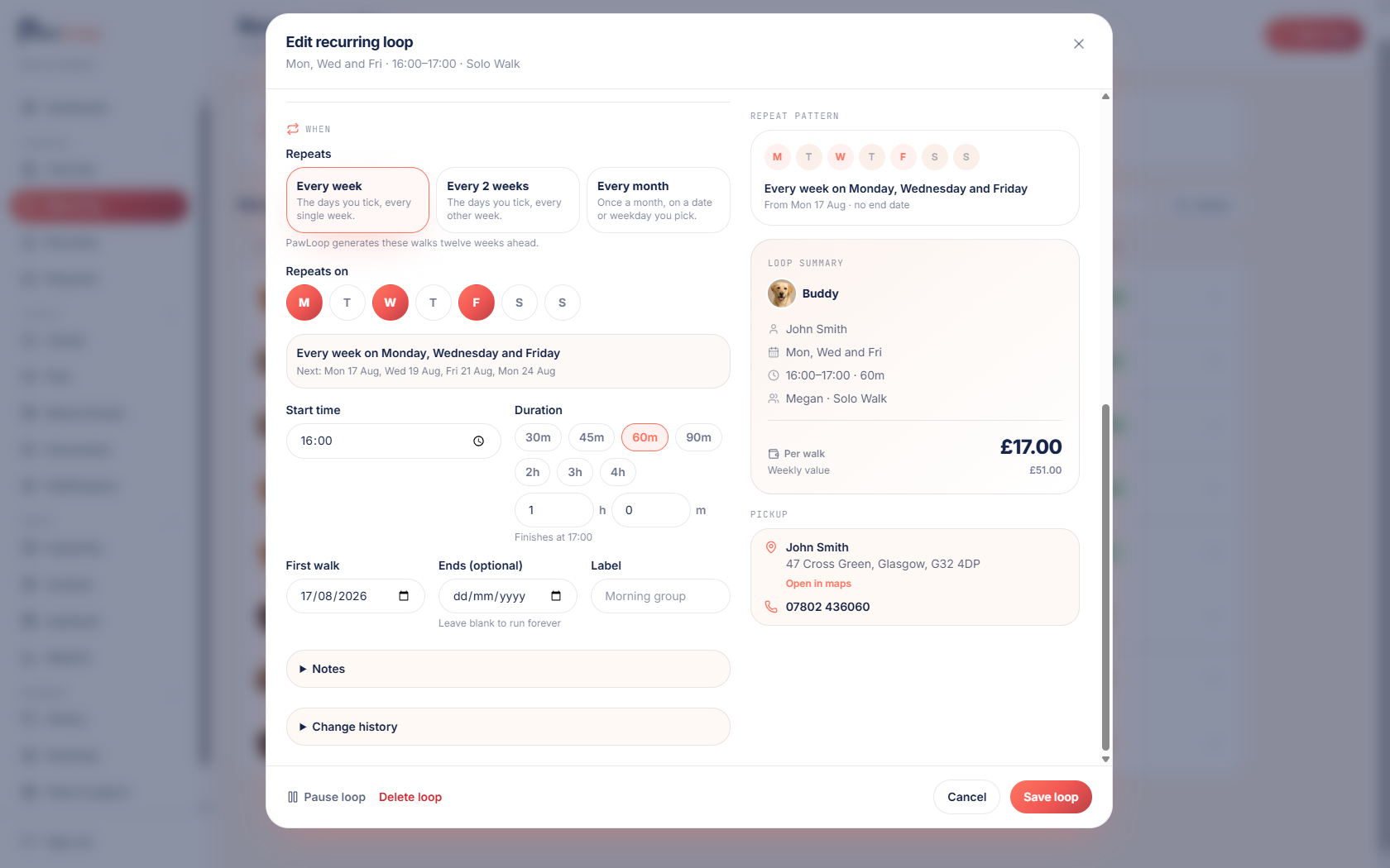 PawLoop edit recurring loop dialog with every week, every 2 weeks and every month options, day pickers, start time, duration and a loop summary showing the per-walk price