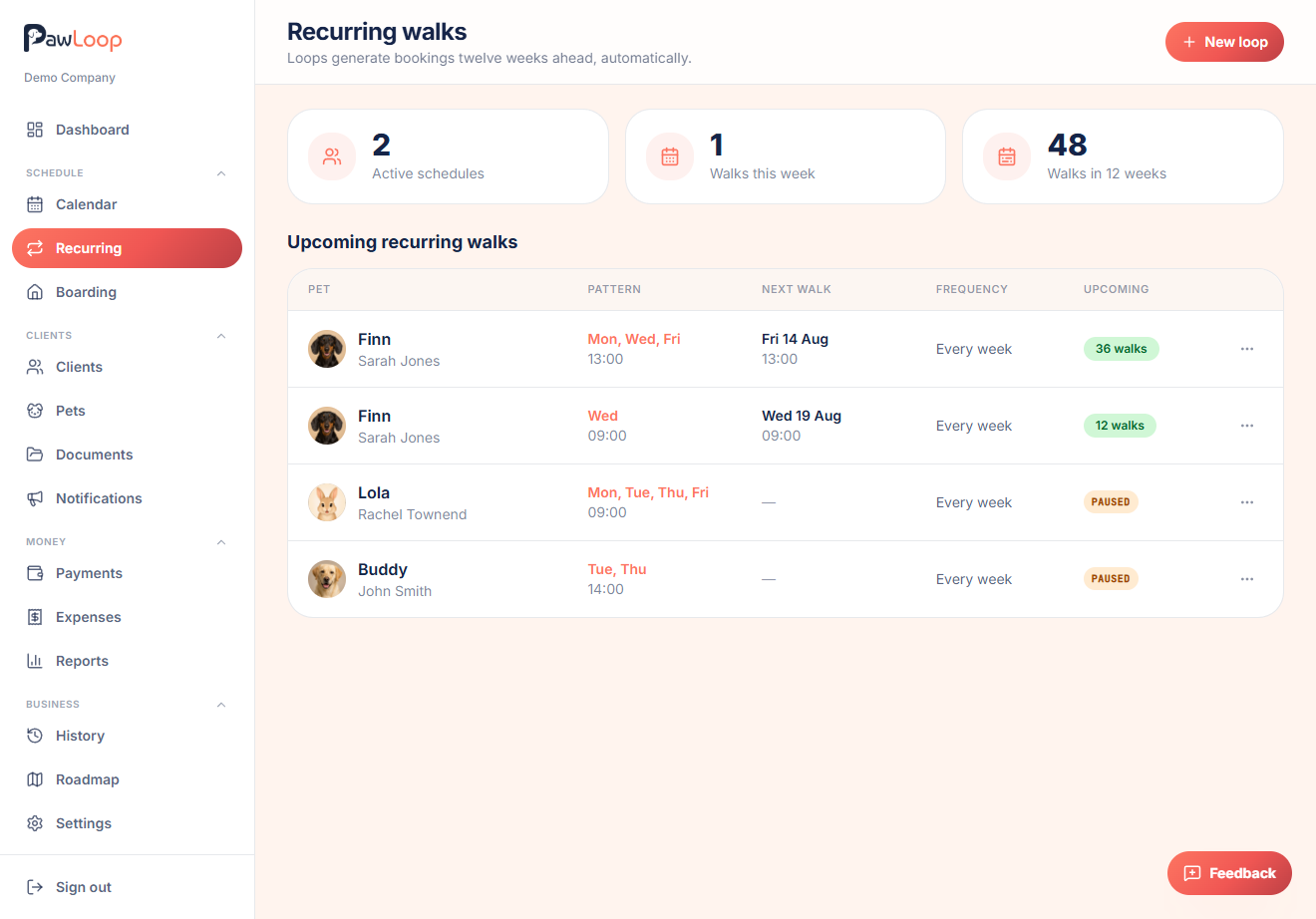 Recurring scheduling feature in PawLoop