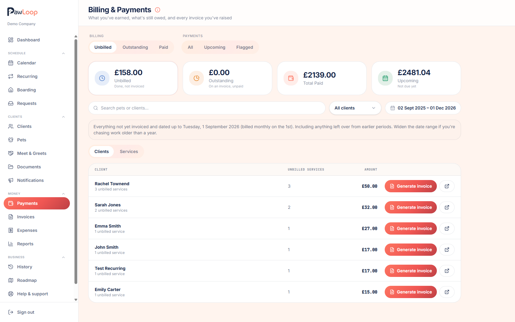 PawLoop billing and payments screen showing unbilled, outstanding, paid and upcoming totals across the client list