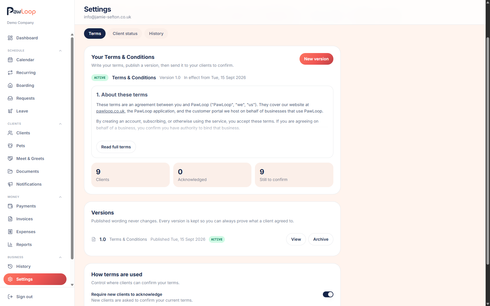The Terms & Conditions settings screen showing a published version and client confirmation totals