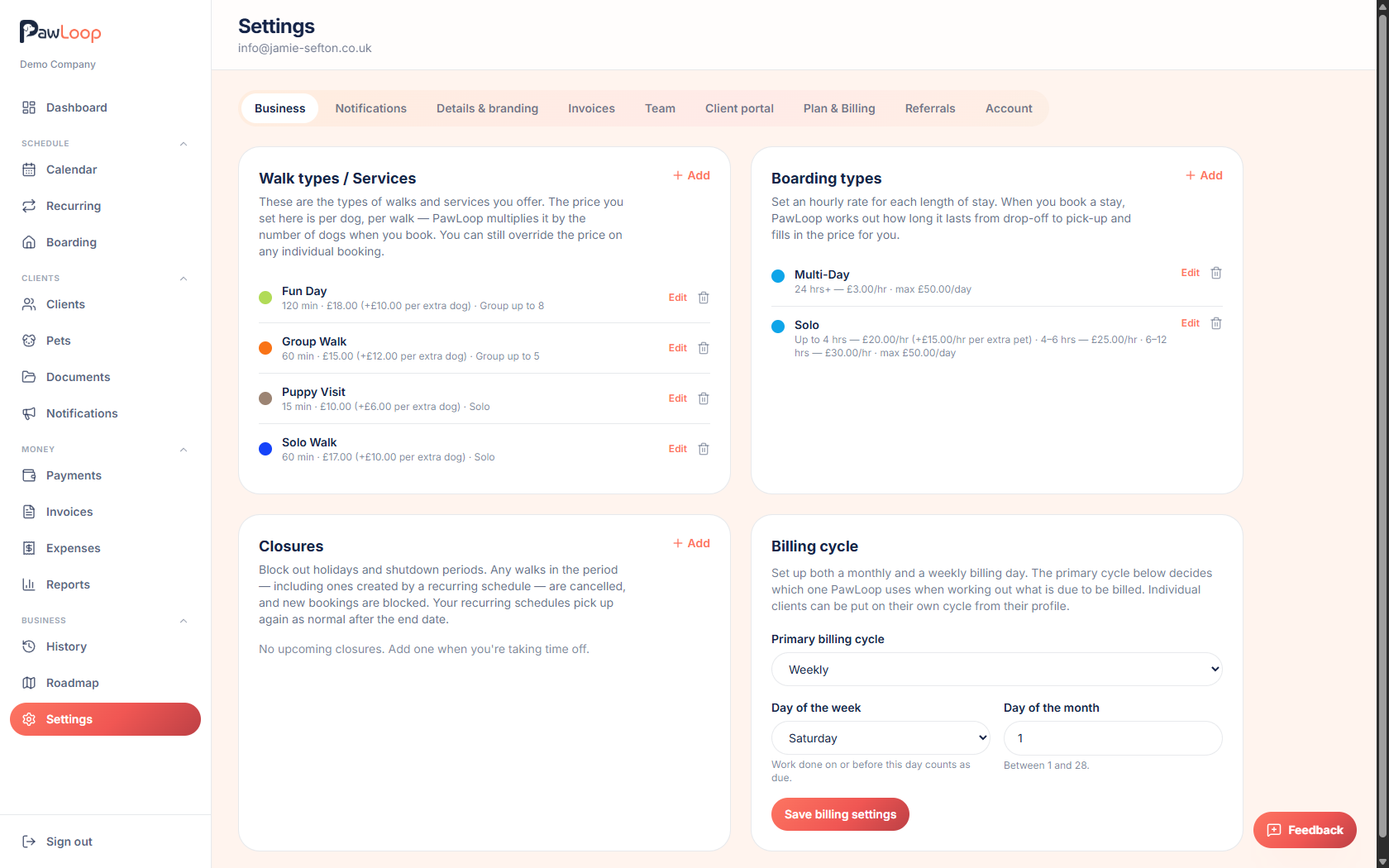 PawLoop business settings tab