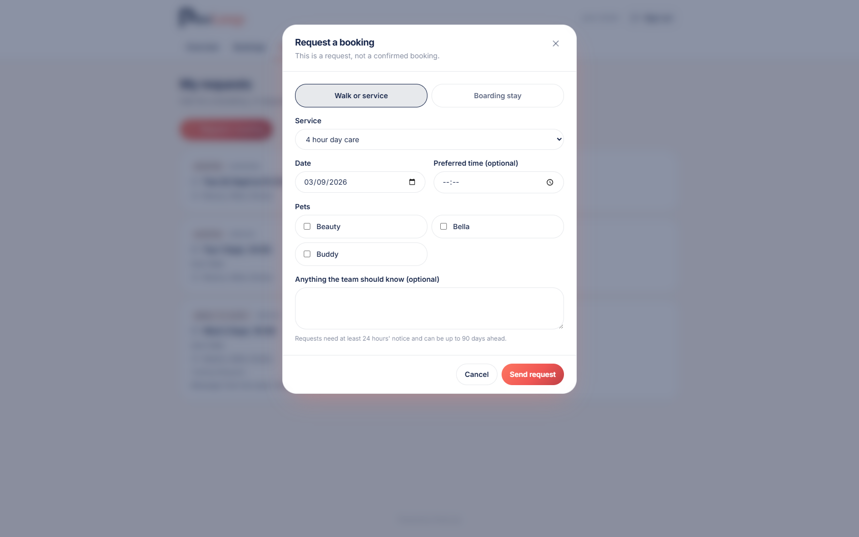 PawLoop client portal request form with walk or service and boarding stay tabs, a service picker, date, preferred time, pet checkboxes and a notes box