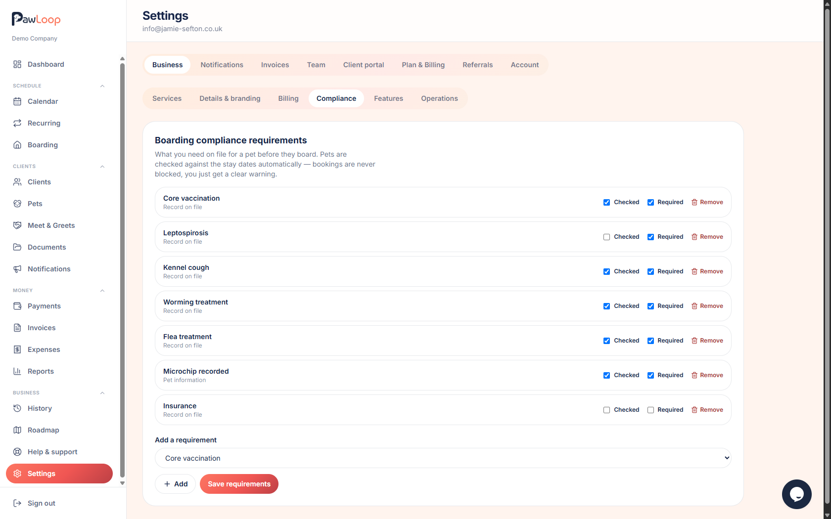 PawLoop boarding compliance requirements settings with checked and required toggles for each vaccination and treatment