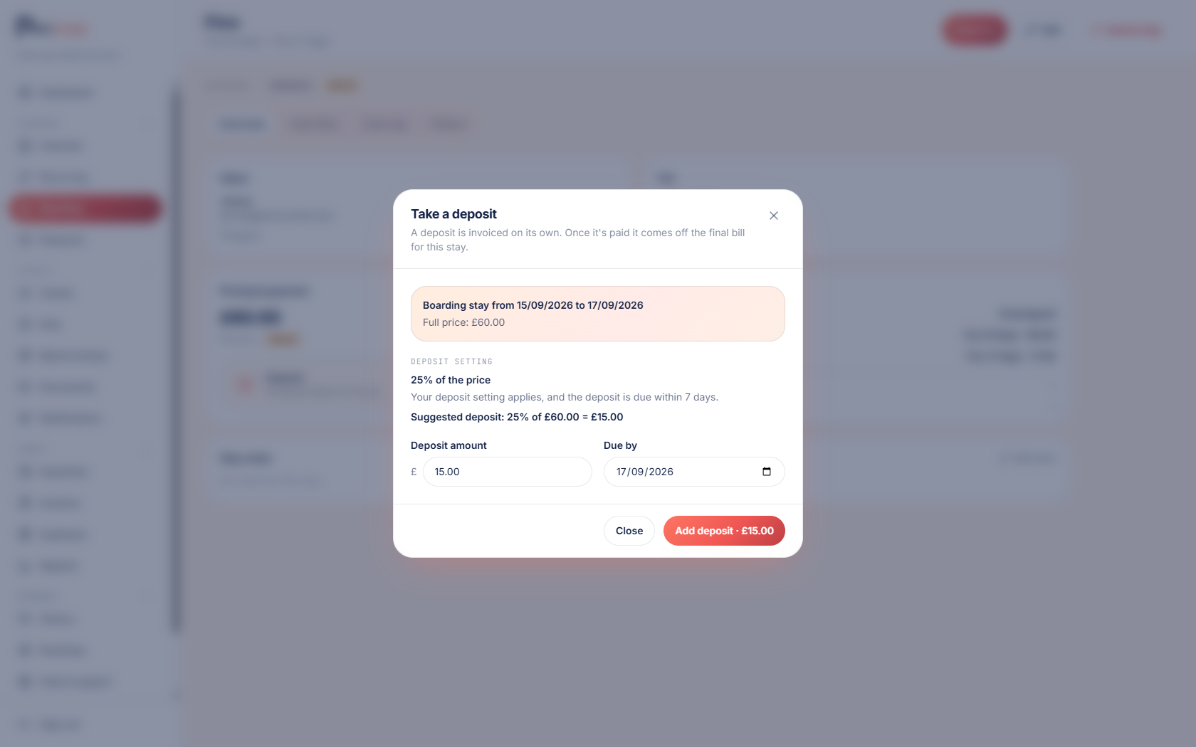 Take a deposit dialog in PawLoop with an editable amount and due date